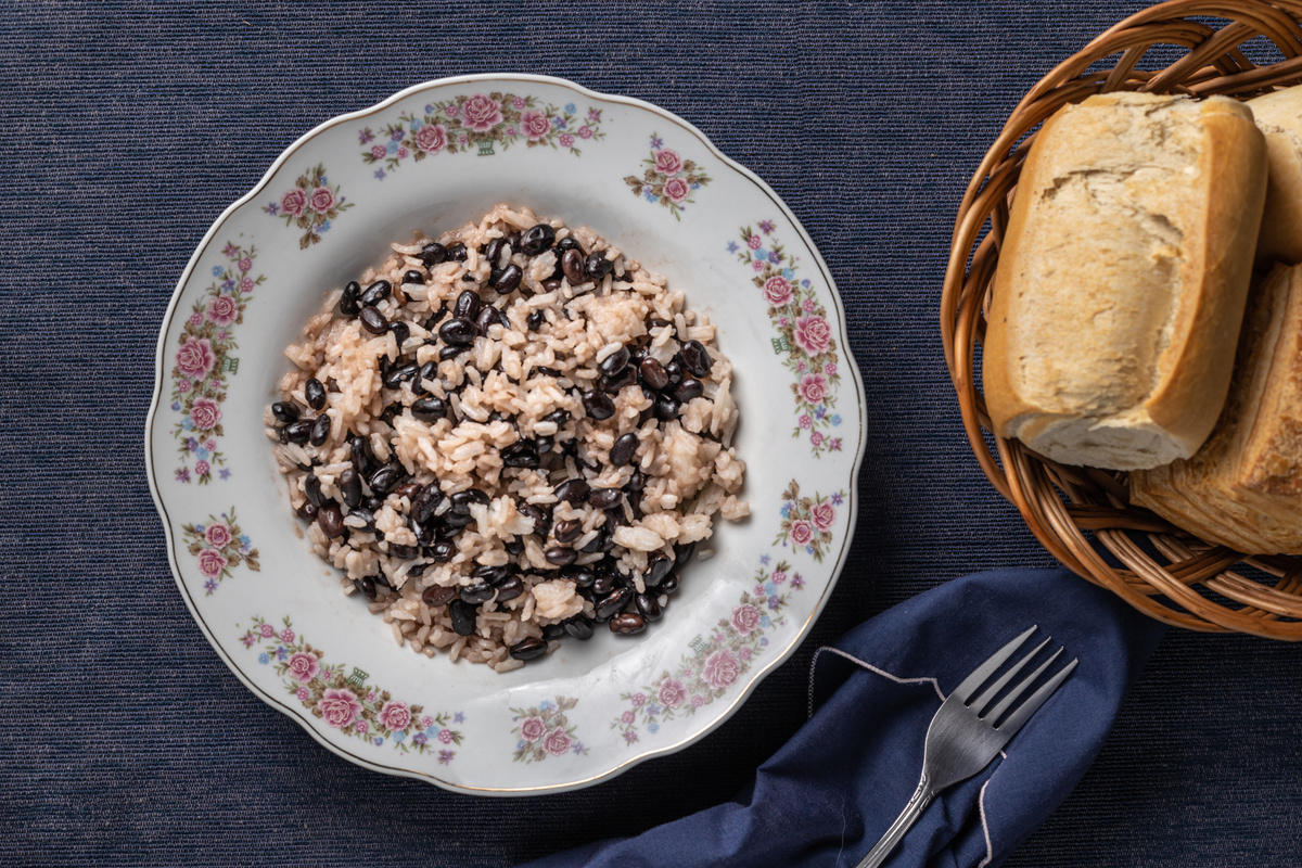Top view of Gallo pinto, traditional Costa Rican food.