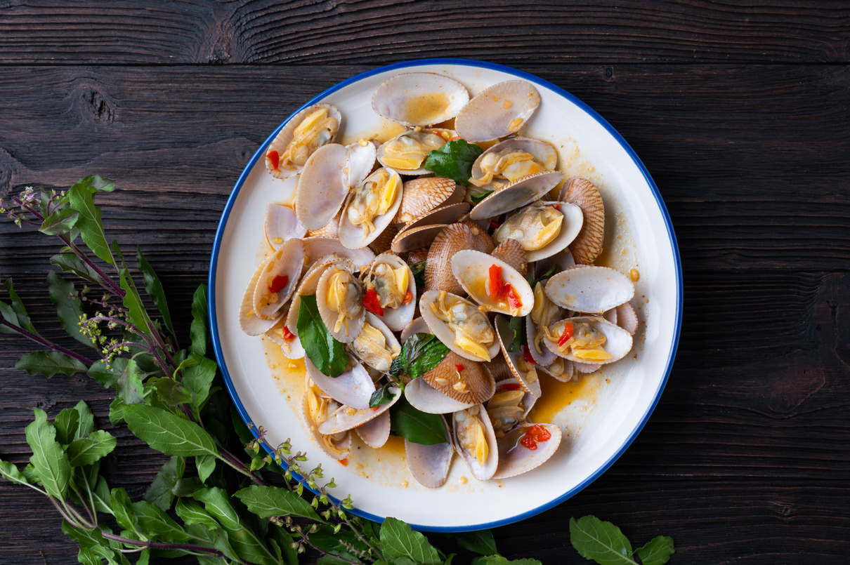 Stir fried Spicy Clam (Surf clam, Short necked clam, Carpet clam, Venus shell, Baby clam) with Thai Holy Basil