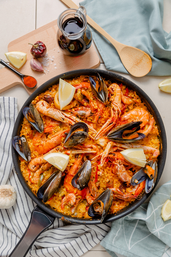 Seafood Paella in a Pan Flatlay